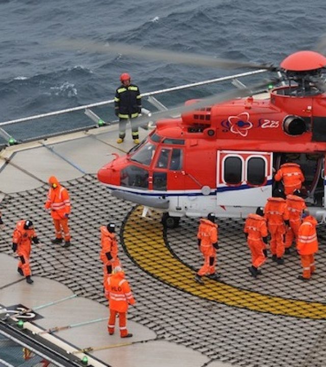 Eurocopter EC 225 Super Puma Mark II Offshore Helicopter on  a plateform, in North Sea, next to Bergen, Norway, on September 27, 2008. Photo by Nicolas Gouhier/ABACAPRESS.COM